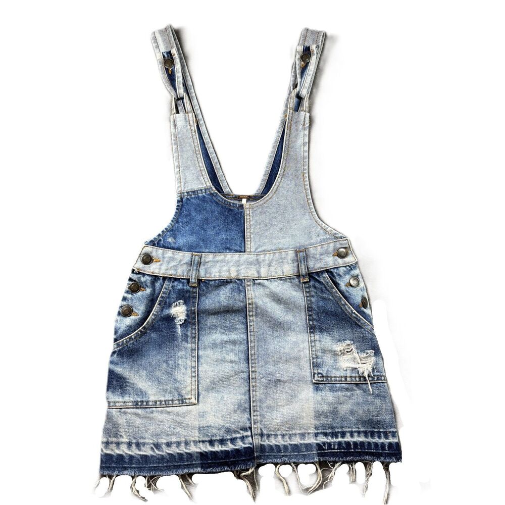 Free People Mini Overalls Dress Patchwork Blues Pinafore Denim Jean Blue 0 L163